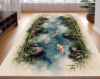 Koi Fish Runner Rug, Japanese Bamboo Long Rug, Watercolor Kitchen Runner, Asian Art Hallway Rug, Oriental Non Slip Washable Printed Rug