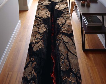 3D Lava Chasm Runner Rug, Cracked Earth Hallway Carpet, Volcanic Magma Kitchen Mat, Unique Digital Print Floor Decor, Machine Washable Rug