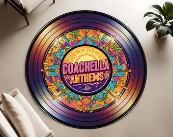 Vinyl Record Round Rug, Coachella Festival Music Decor, Colorful Retro Pop Art Area Carpet, Music Lover Gift, Vibrant Digital Print Carpet