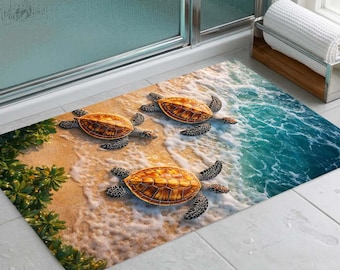 Coastal Sea Turtle Bath Mat Beach Area Rug Ocean Home Decor 3D Printed Sea Turtle Rug Nautical Kids Room Carpet Cute Sea Life Rug