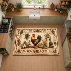 May include: A rectangular kitchen rug featuring a central illustration of a rooster, a basket of eggs, a milk can, and garlic. The rug has a cream-colored background with a red and white checkered border and a floral pattern along the edges.