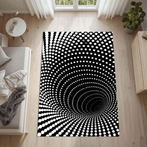 May include: A rectangular area rug featuring a black and white optical illusion pattern. The design consists of numerous white dots of varying sizes arranged on a black background to create the visual effect of a deep, spiraling vortex or tunnel.