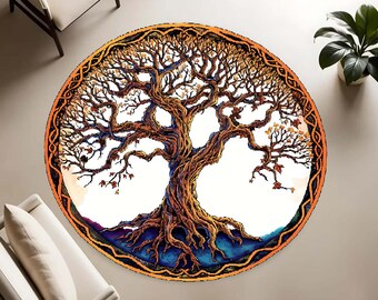 Tree of Life Round Rug, Celtic Design Printed Carpet, Large Round Area Rug for Living Room, Spiritual Home Decor, Round Anti-Slip Floor Mat
