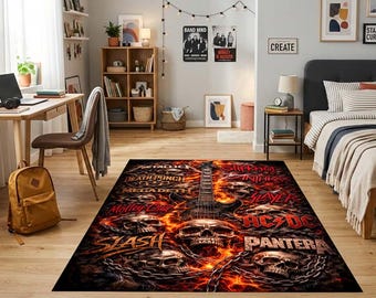 Heavy Metal Rock Music Area Rug Skull Fire Non Slip Floor Mat Metallica Slayer AC DC Pantera Fan Gift Goth Room Decor Digital Print Carpet