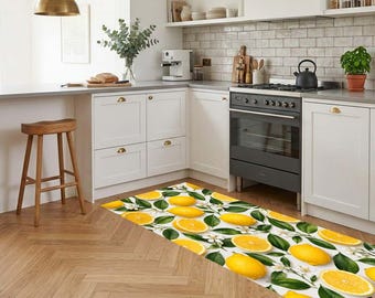 Lemon Kitchen Runner Rug, Fruit Print Hallway Carpet, Citrus Area Mat, Washable Yellow Lemon Pattern Rug, Bright Aesthetic Cottagecore Rug