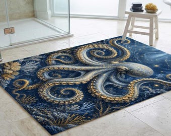 Octopus Area Rug, Coastal Living Room Carpet, Celestial Nautical Decor, Blue Gold Mystic Bath Rug, Ocean Floor Mat Printed Coastal Home Gift