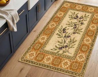 Olive Branch Kitchen Rug, Mediterranean Area Carpet, Terracotta Tile Printed Rug, Washable Non Slip Floor Mat, Italian Country Decor