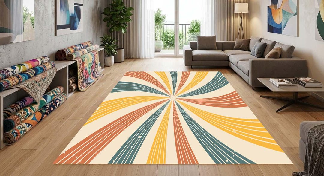Retro Sunburst Rug, 70s Vintage Area Rug, Groovy Swirl Carpet, Mid ...