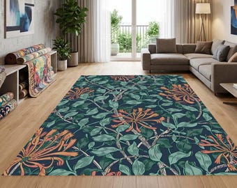 William Morris Floral Rug, Vintage Honeysuckle Area Rug, Arts and Crafts Printed Carpet, Art Nouveau Navy Blue Living Room Rug, Accent Mat