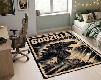 Godzilla Rug Floor, Retro Kaiju Monster Carpet for Boy Room, Japanese Movie Poster Rug, Custom Non Slip Floor Mat, Vintage Gamer Room Gift