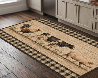 Farmhouse Kitchen Rug Country Cow Pig Rooster Area Mat Rustic Wood Faux Texture Carpet Vintage Plaid Buffalo Check Cute Farm Animals Decor