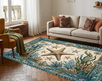 Nautical Starfish Area Rug, Coastal Ocean Beach Rug, Compass Coral Seaweed Floor Mat, Blue Coastal Living Room Rug, Digital Print Washable