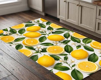 Lemon Kitchen Rug, Yellow Fruit Area Rug, Summer Decor Floor Mat, Citrus Pattern Carpet, Washable Living Room Rug, Bright Kitchen Decor