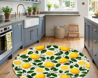 Lemon Round Rug Citrus Kitchen Carpet Yellow Fruit Area Rug Summer Nursery Mat Non Slip Circle Rug Vibrant Washable Printed Floor Mat