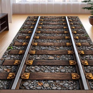 May include: A rectangular rug featuring a detailed railway track design. The rug showcases parallel silver rails, brown wooden sleepers, and a bed of gray gravel. The design creates a realistic, three-dimensional effect, suitable for a home decor.
