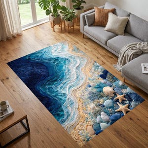 Coastal Beach Bath Mat Ocean Decor Digital Print Rug Sea Shell Seashell Accent Bathroom Rug Machine Washable Non Slip Rug