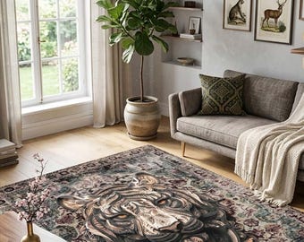 Tiger Area Rug, 3D Layered Tiger Rug, Vintage Animal Carpet, Oriental Art Rug, Aesthetic Living Room Rug, Large Bedroom Rug, Printed Rug