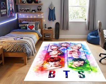 Alfombra de BTS para dormitorio, alfombra con estampado digital de estética Kpop, tapete de merchandising de Bangtan Boys, decoración de habitación estilo Kpop Army, alfombra grande antideslizante