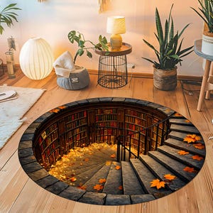 May include: A round area rug featuring a 3D optical illusion print of a stone spiral staircase descending into a circular library with wooden bookshelves filled with books, accented by scattered orange autumn leaves on the steps.