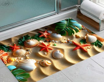3D Beach Shell Area Rug, Ocean Starfish Bath Mat, Coastal Decor Carpet for Living Room, Nautical Nonslip Floor Mat, Summer Tropical Rug