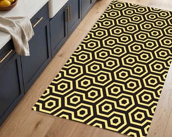 Modern Geometric Area Rug Black and Yellow Hexagon Carpet Art Deco Living Room Rug Large Washable Floor Mat Printed Non Slip Runner
