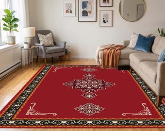 Red Vintage Oriental Rug, Traditional Turkish Area Rug, Medallion Boho Living Room Carpet, Washable Digital Print Rug, Ethnic Home Decor