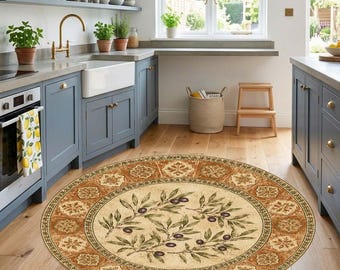 Olive Branch Round Rug, Mediterranean Area Carpet, Tuscan Style Circular Floor Mat, Printed Boho Rug for Kitchen Living Room, Non Slip