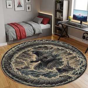 Tappeto rotondo vintage di Godzilla, tappeto con mostri Kaiju, tappeto rotondo giapponese a onde, fantastico tappetino da pavimento con mostri da film, tappeto circolare antiscivolo