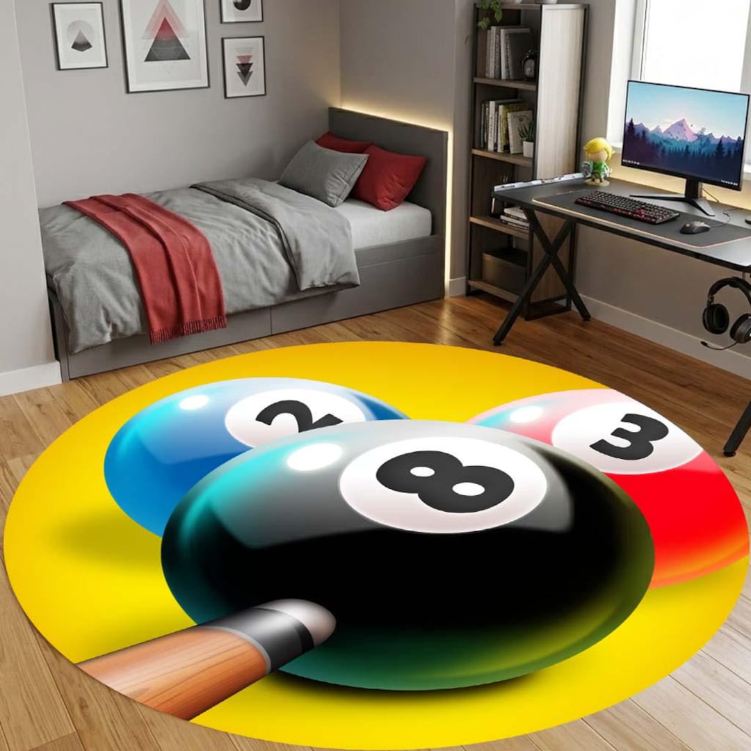 8 Ball Pool Round Rug, Billiard Balls Digital Print Rug, Game Room ...