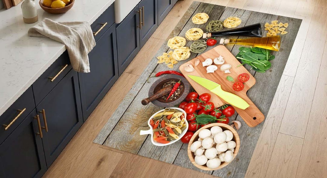 Pasta Rug Italian Kitchen Rug, Pasta & Mushrooms Area Carpet, Culinary Floor Mat ...