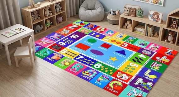 Educational Washable Kids Rug, Alphabet Numbers Shapes Play Carpet, Nursery Area Rug, Montessori Playroom Decor, Toddler Learning Mat