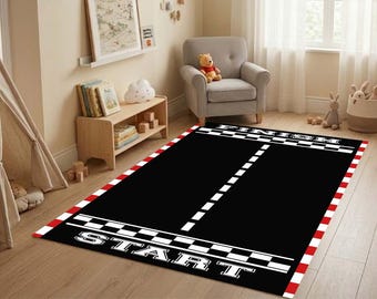 Race Track Kids Rug, Car Play Mat Area Rug, Nursery Race Track Decor, Boys Playroom Rug, Checkered Flag Carpet, Black Red Road Rug for Kids