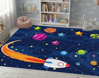 Alfombra espacial infantil, alfombra espacial para guardería, alfombra de juego del sistema solar para dormitorio de niño, alfombra infantil de planetas con forma de cohete, linda decoración del universo