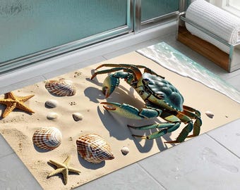 Coastal Crab Beach Rug, Ocean Seashell Bath Mat, Nautical Starfish Area Rug, Washable Non Slip Coastal Home Decor Gift