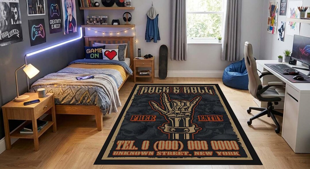 Mgk Rug Rock N Roll Area Rug, Rock and Roll Floor Mat, Skeleton Hand Skull ...