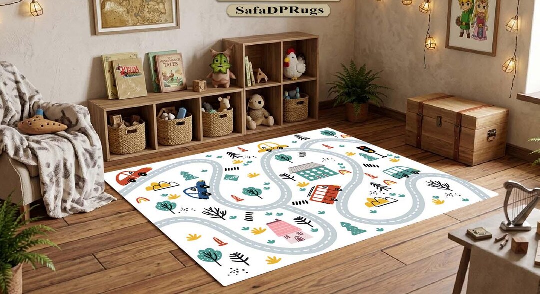 Road Map Kids Play Mat, Colorful Kids Cars Play Rug, Nursery Traffic ...