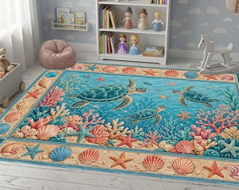 Sea Turtle Area Rug, Ocean Theme Nursery Mat, Coastal Beach House Decor, Coral Reef Nautical Carpet, Under the Sea Kids Room Play Mat