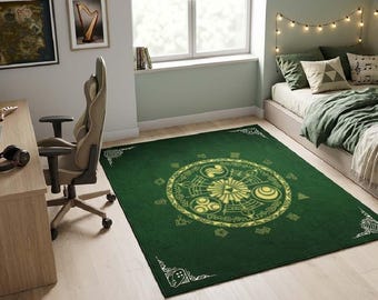 Zelda Rug, Triforce Gaming Area Rug, Gamer Room Decor, Legend of Zelda Carpet, Green Nerd Bedroom Rug, Large Digital Printed Aesthetic Rug