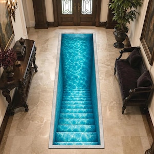 May include: A rectangular floor rug featuring a high-resolution 3D optical illusion print of a deep blue swimming pool with submerged stairs. The design displays realistic water surface ripples and light reflections on the steps and pool floor.