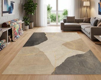 Alfombra Wabi Sabi, alfombra abstracta Kintsugi, alfombra estampada con vetas doradas para sala de estar, alfombra minimalista de tonos tierra, decoración japonesa para el hogar