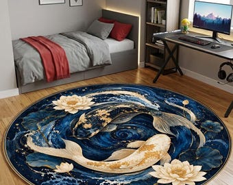 Koi Fish Area Round Rug, Blue Gold Lotus Bath Circle Carpet, Japanese Wave Art Rug Printed Floor Mat for Living Room Yin Yang Spiritual Gift