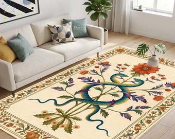 Snake and Flower Area Rug, Art Nouveau Mystic Serpent Rug, Vintage Floral Non Slip Carpet, Mythological Home Decor, Aesthetic Living Room