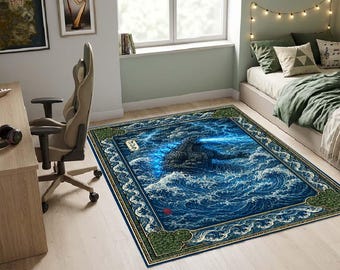 Godzilla Rug for Bedroom, Japanese Monster Rug, Great Wave Area Rug, Ukiyo e Anime Digital Carpet, Aesthetic Blue Mat, Cool Game Room Decor