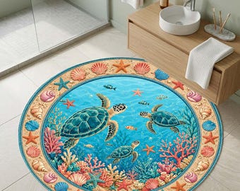 Ocean Sea Turtle Round Rug, Beach House Coastal Decor, Coastal Nursery Area Carpet, Nautical Playroom Mat, Under the Sea Printed Bath Rug