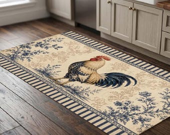 Rooster Kitchen Rug, French Country Area Rug, Farmhouse Decor, Vintage Style Printed Rug, Washable Cottagecore Carpet, Blue Cream Mat