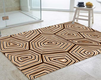 Abstract Tortoise Shell Rug, Brown Neutral Area Rug, Modern Geometric Living Room Carpet, Aesthetic Washable Rug, African Tribal Floor Mat