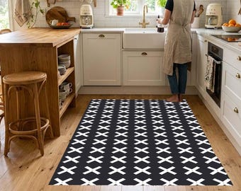 Modern Black Kitchen Rug, White Cross Pattern Runner, Washable Area Mat, Geometric Digital Printed Rug, Minimalist Floor Mat, Non-Slip
