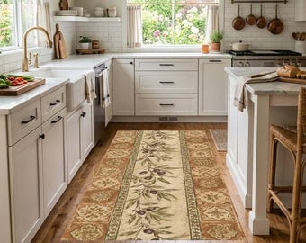 Olive Branch Kitchen Runner Rug, Mediterranean Kitchen Rug, Vintage Terracotta Hallway Carpet, Rustic Italian Decor, Washable Printed Rug