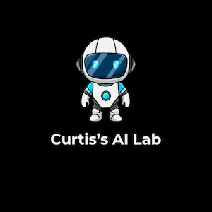 May include: A cartoon robot character with a white helmet, a dark blue visor, and light blue accents on the chest and arms. Below the robot, the text Curtis's AI Lab is displayed in a clean, white, sans-serif font against a solid black background.