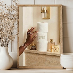 May include: A framed mirror with a stack of white toilet paper rolls. The text "CLEANLINESS IS NEXT TO GODLINESS" is printed on one roll. A hand with rings and bracelets reaches towards the rolls. A vase with dried flowers is on the left.